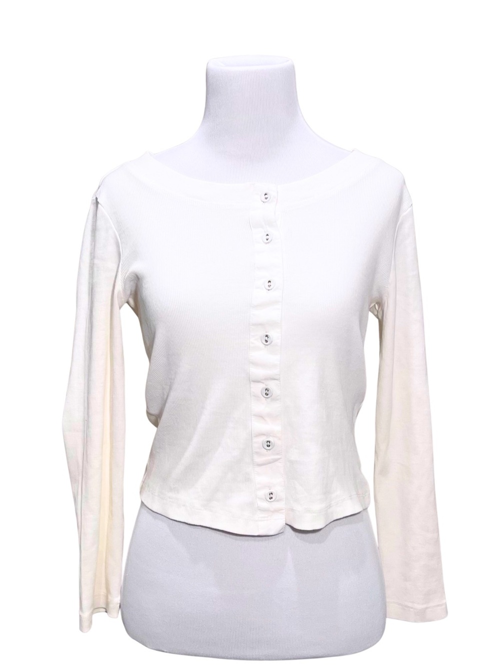Free People XS Ivory Button-Front Long Sleeve Slight Crop Top